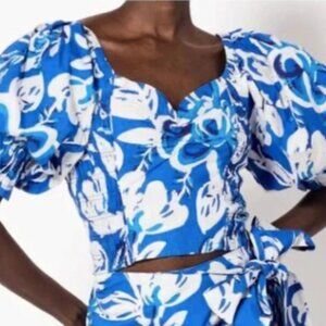 CLEOBELLA Rayna floral print puff sleeve crop top in azure Size S NWT